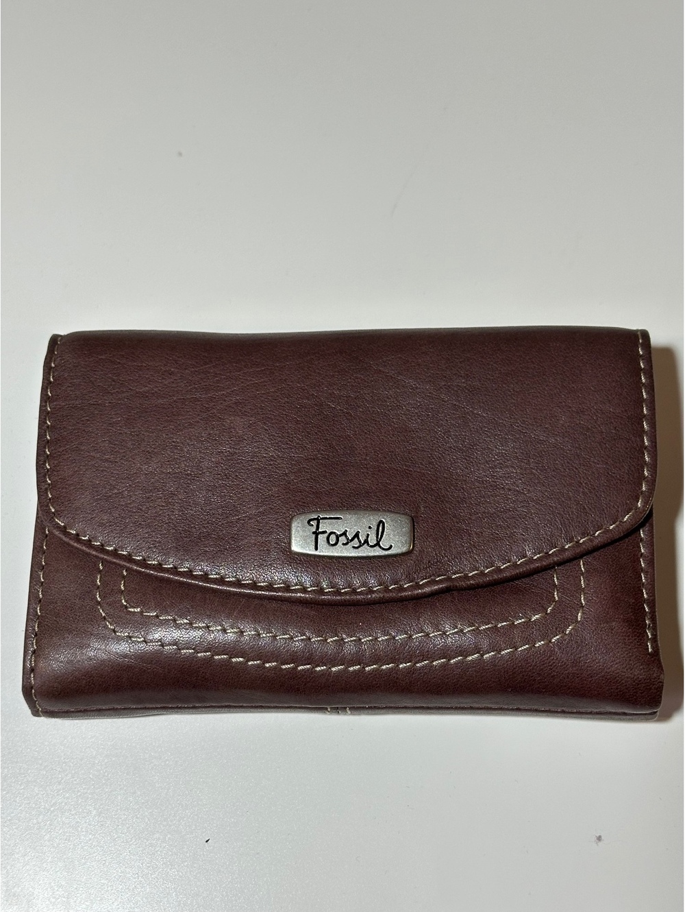 Fossil Brown Genuine Leather Trifold Organizer Wallet Zip Coin Pocket